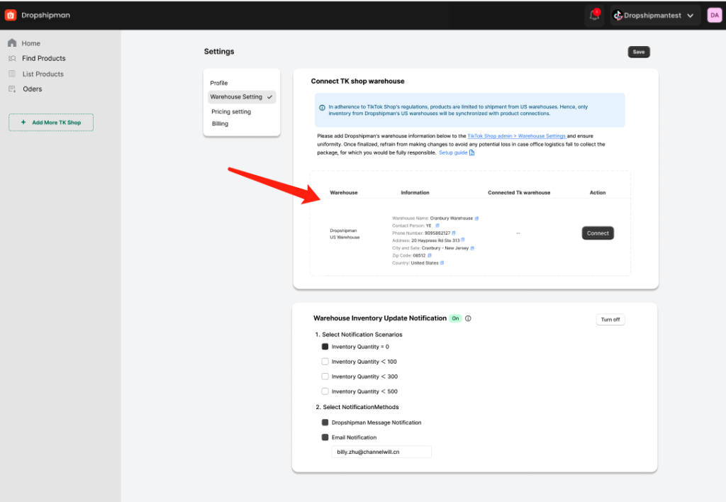 tiktok dropshipman warehouse step1
